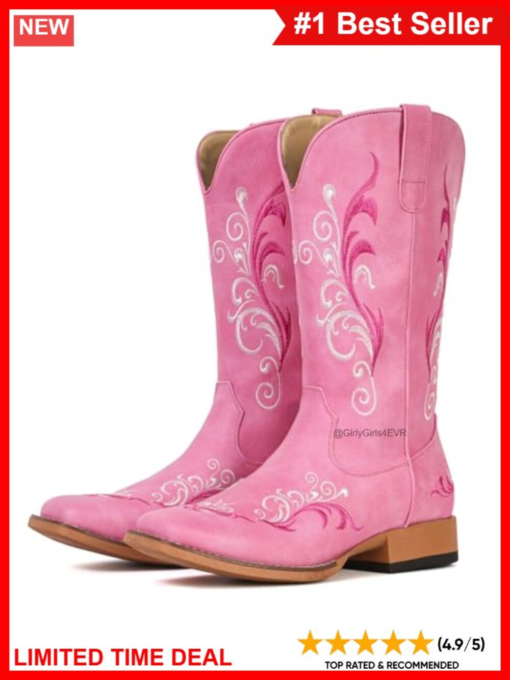 Mid Calf Western Cowgirl Boots Square Toe Faux Leather Slip On